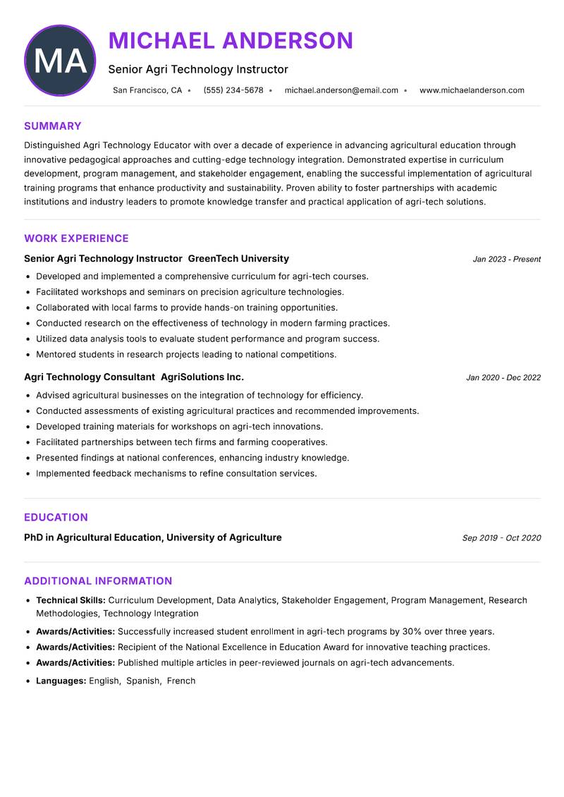 Agri Technology Educator Resume Preview Example