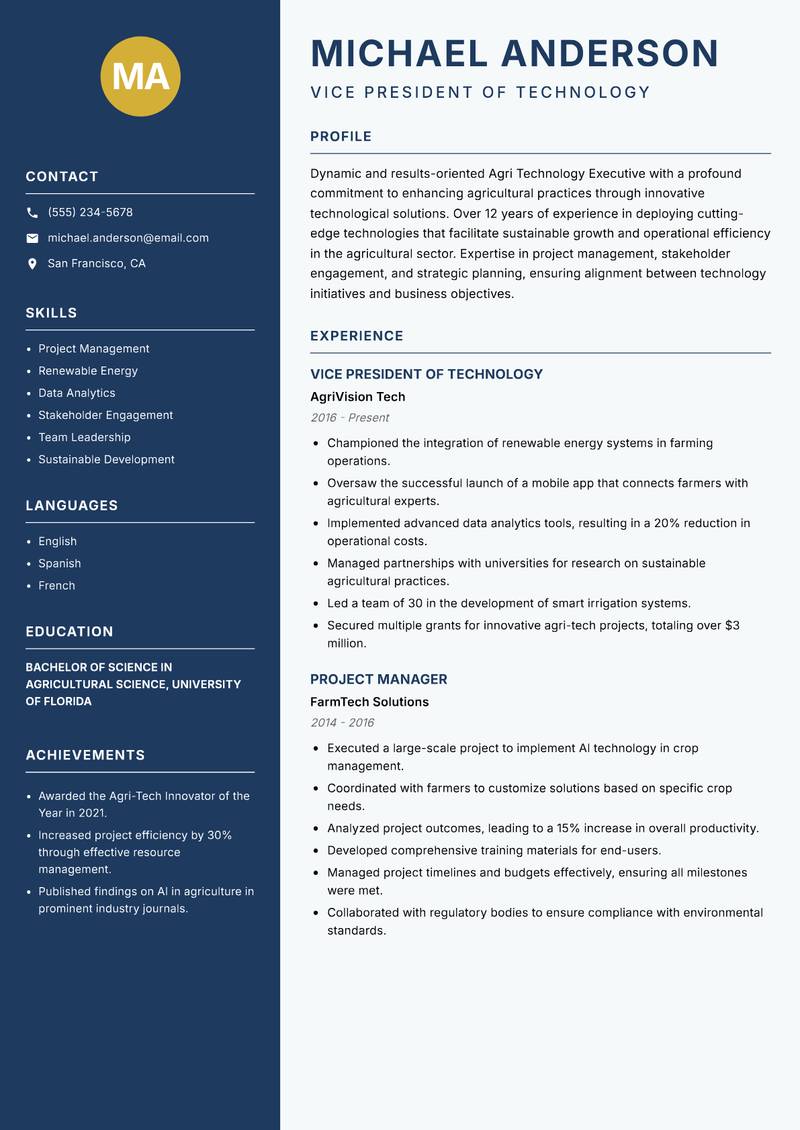 Agri Technology Executive Resume Preview Example