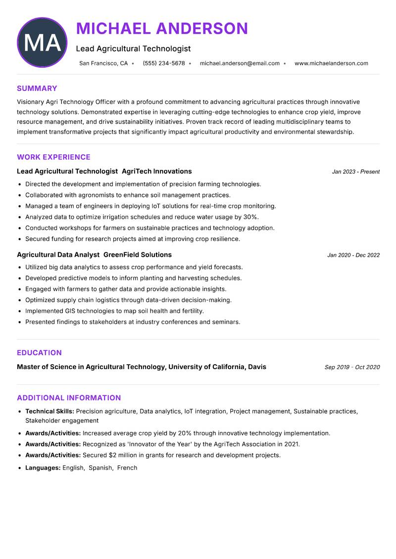 Agri Technology Officer Resume Preview Example