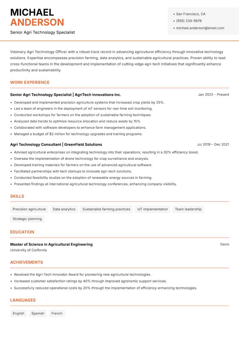 Agri Technology Officer Resume Template