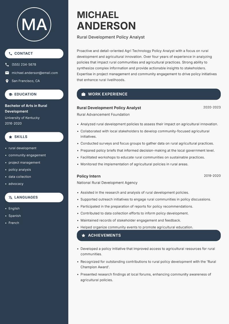 Agri Technology Policy Analyst Resume Preview Example