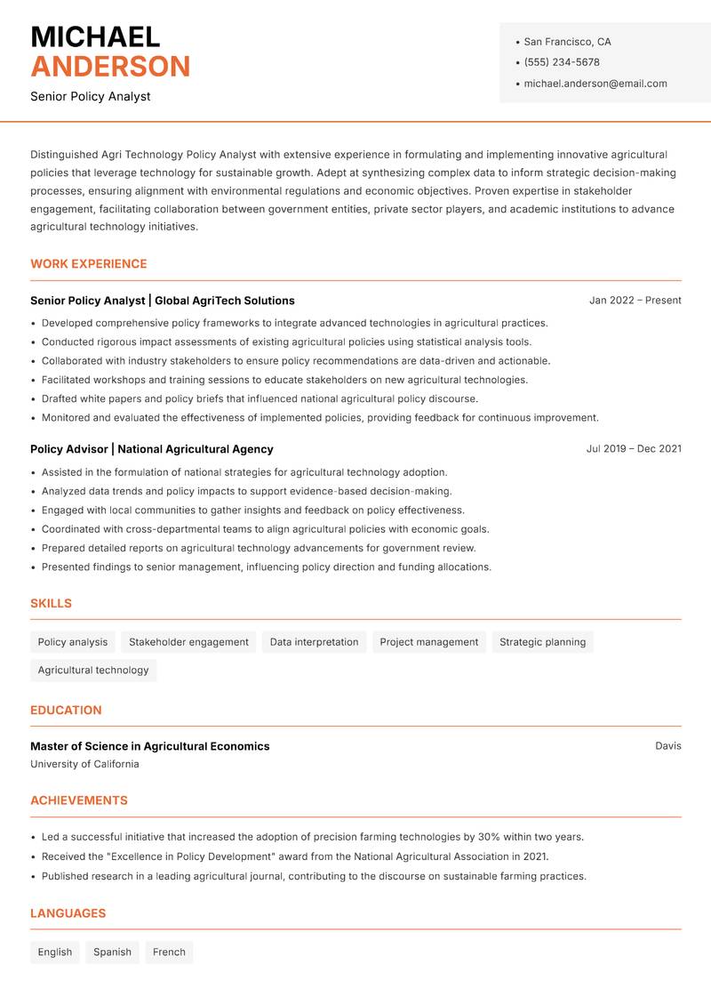 Agri Technology Policy Analyst Resume Template