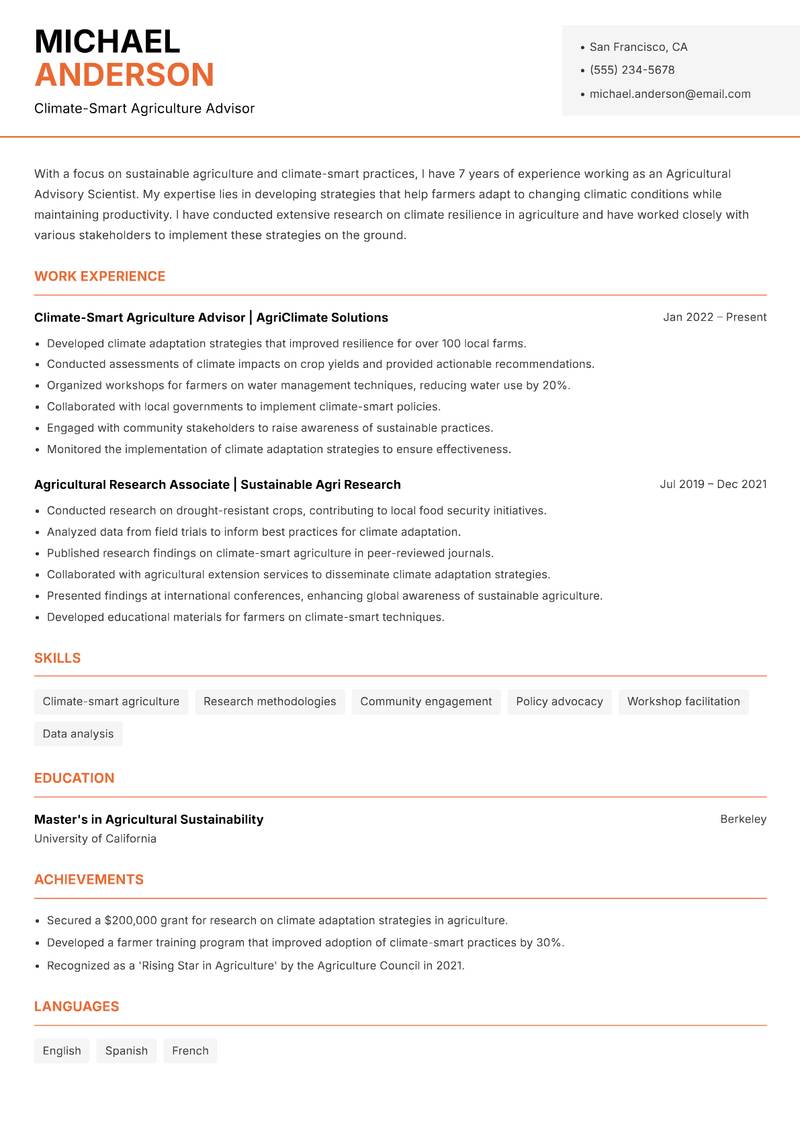 Agricultural Advisory Scientist Resume Template