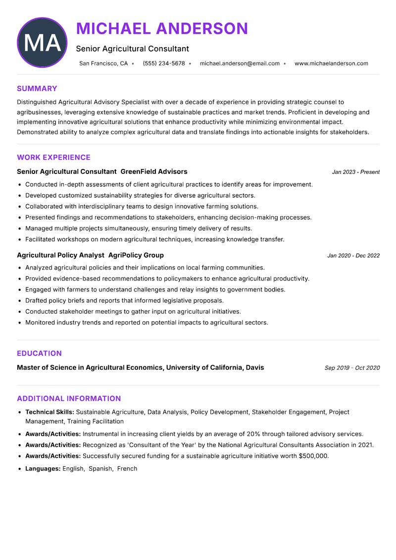 Agricultural Advisory Specialist Resume Preview Example