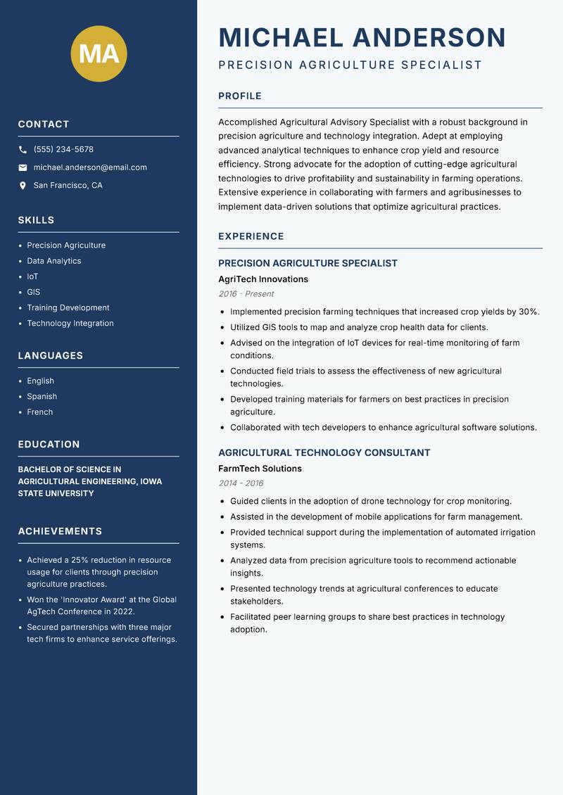 Agricultural Advisory Specialist Resume Preview Example
