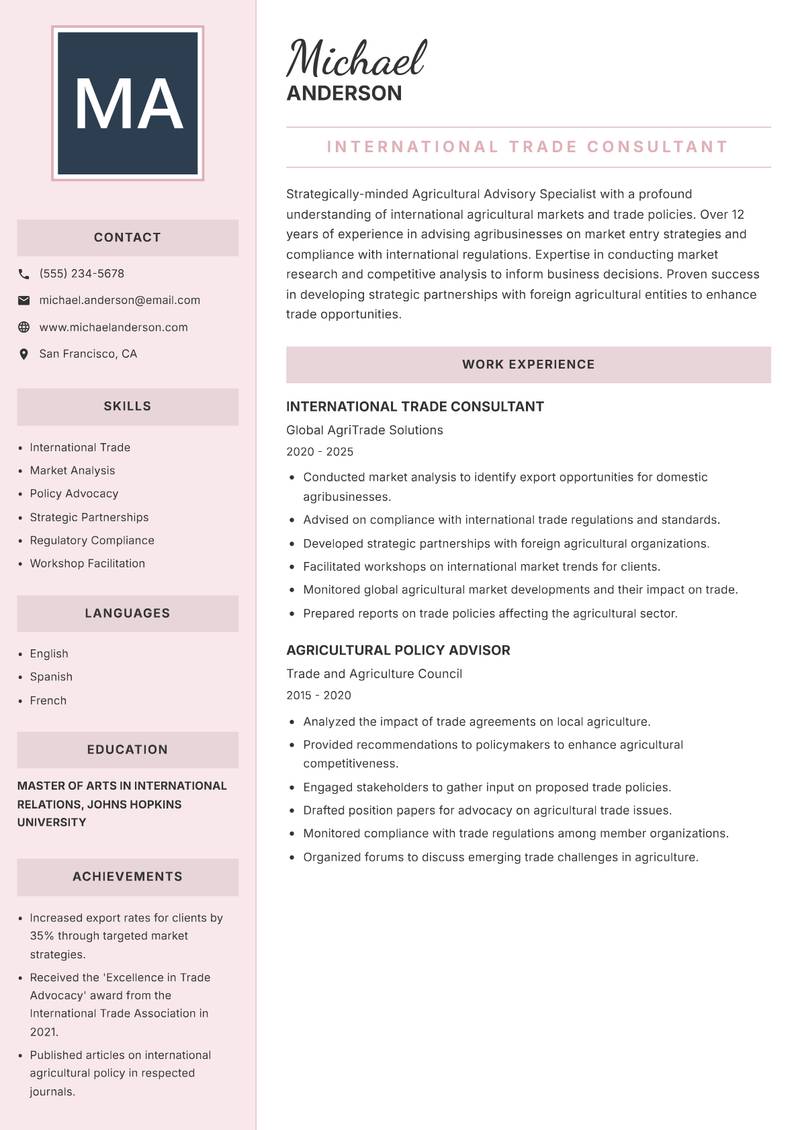 Agricultural Advisory Specialist Resume Preview Example