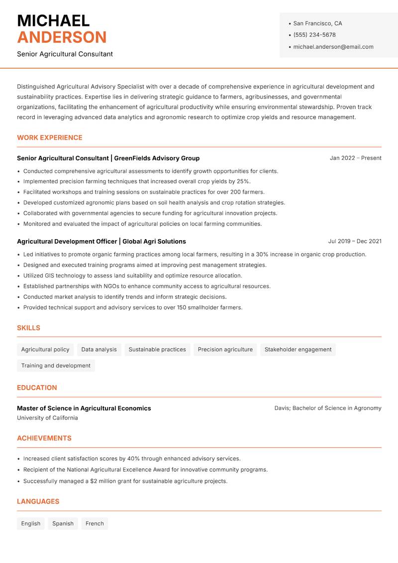 Agricultural Advisory Specialist Resume Template