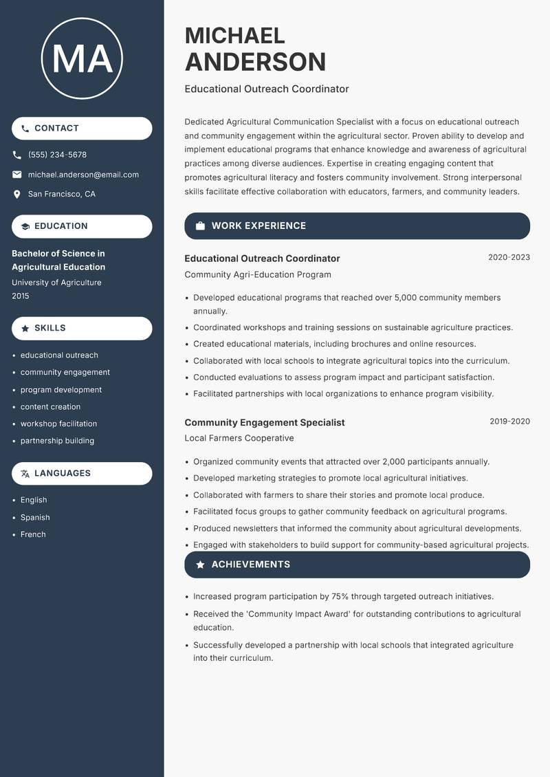 Agricultural Communication Specialist Resume Preview Example