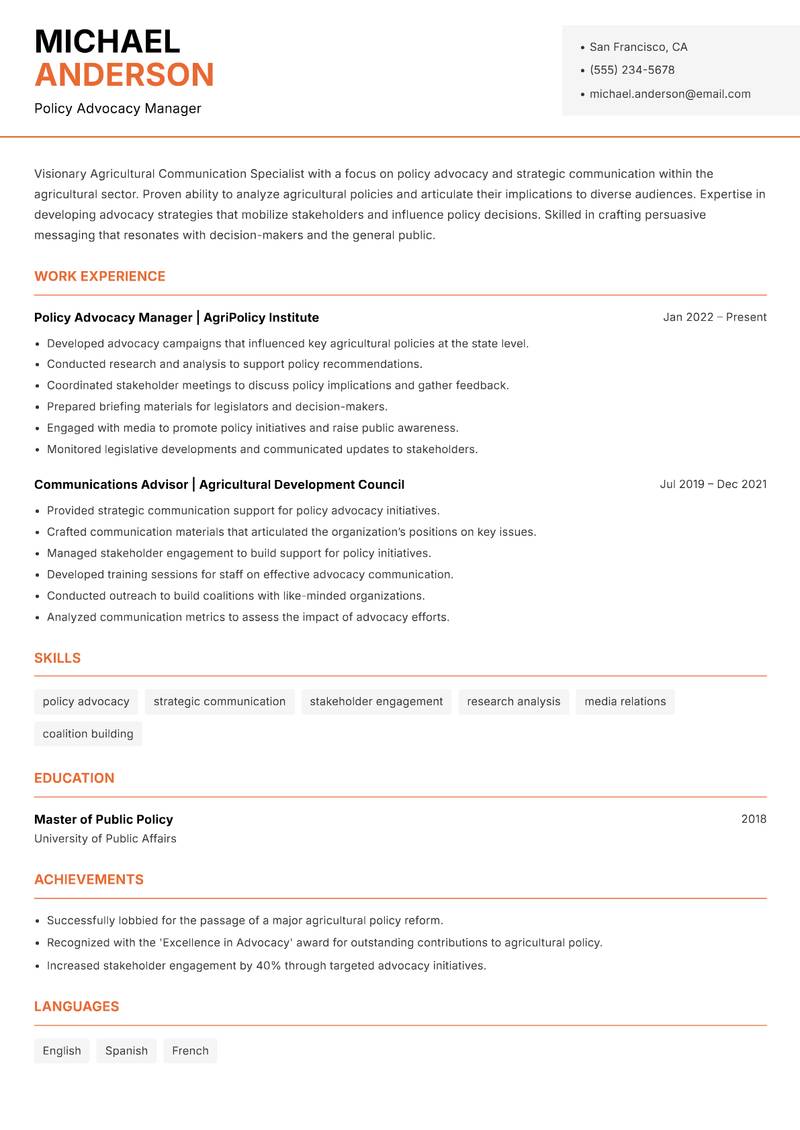 Agricultural Communication Specialist Resume Template