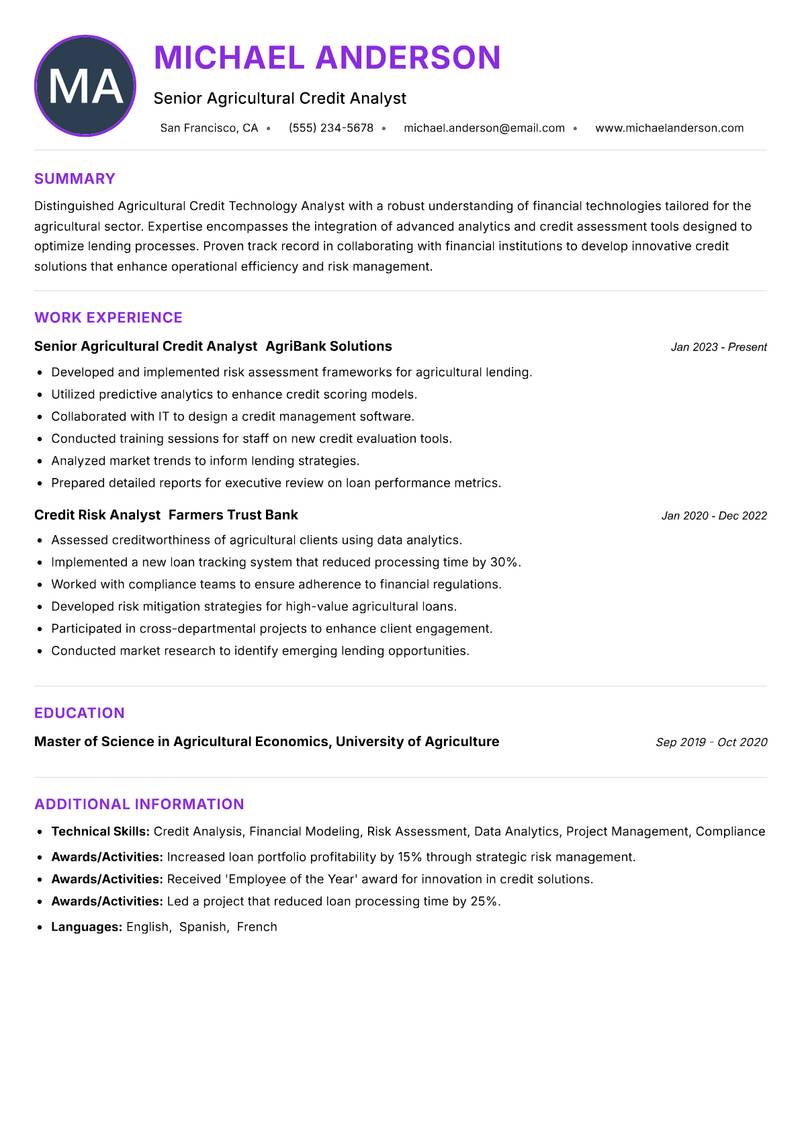 Agricultural Credit Technology Analyst Resume Preview Example