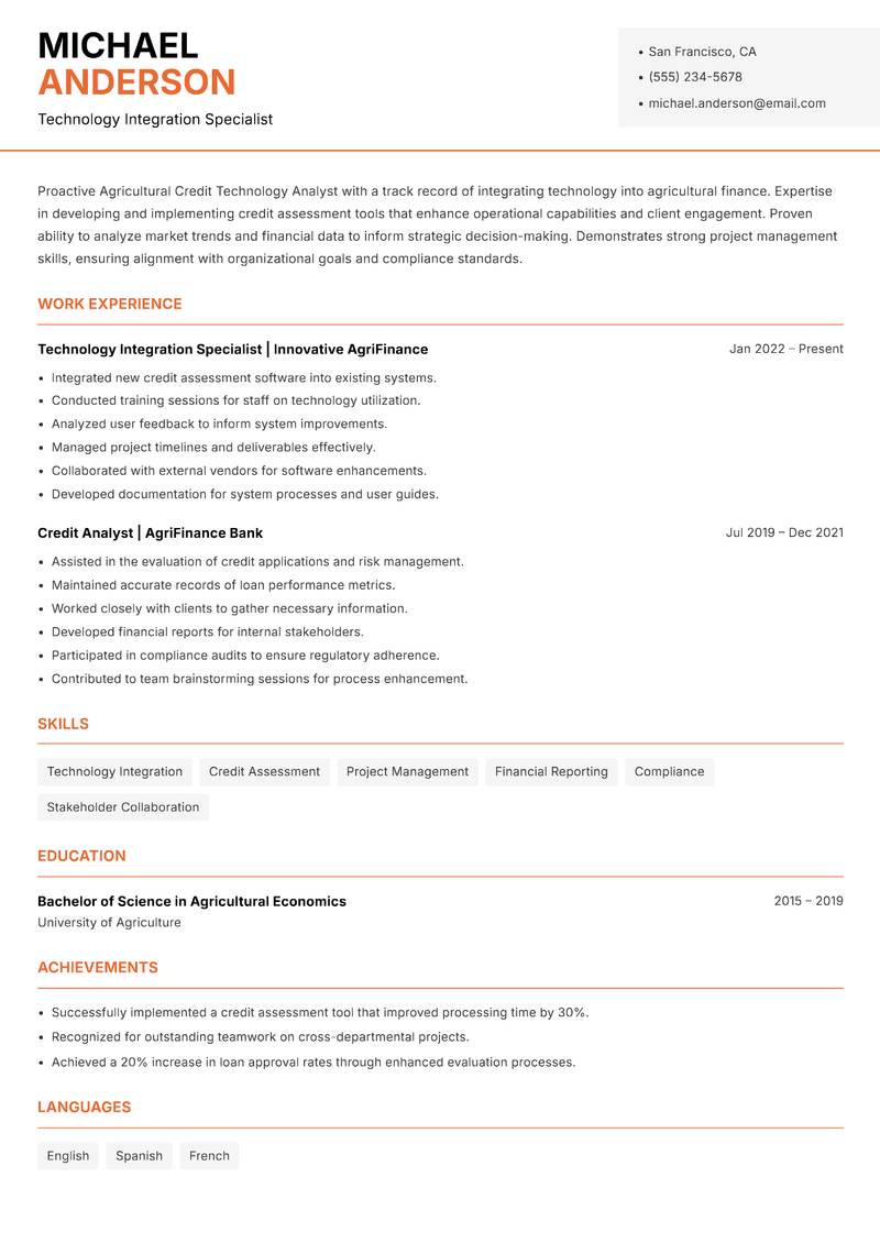 Agricultural Credit Technology Analyst Resume Template