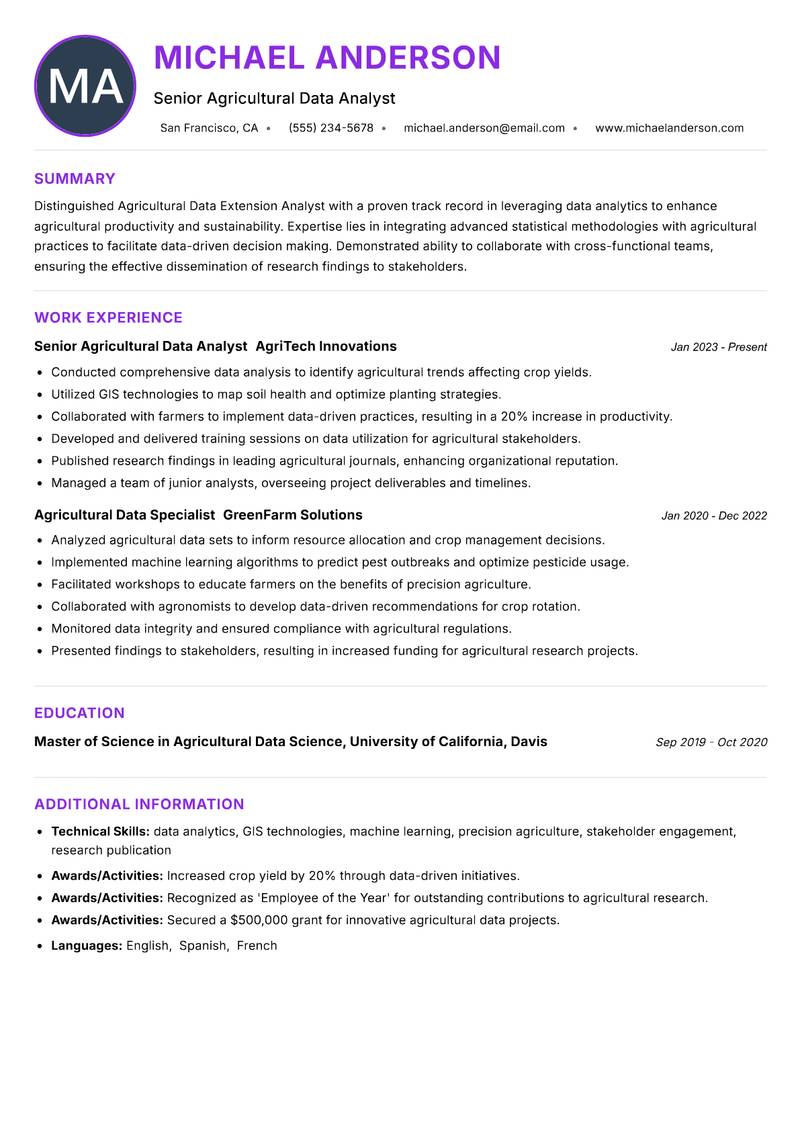Agricultural Data Extension Analyst Resume Preview Example