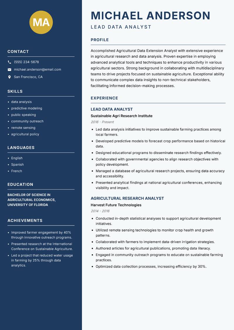 Agricultural Data Extension Analyst Resume Preview Example