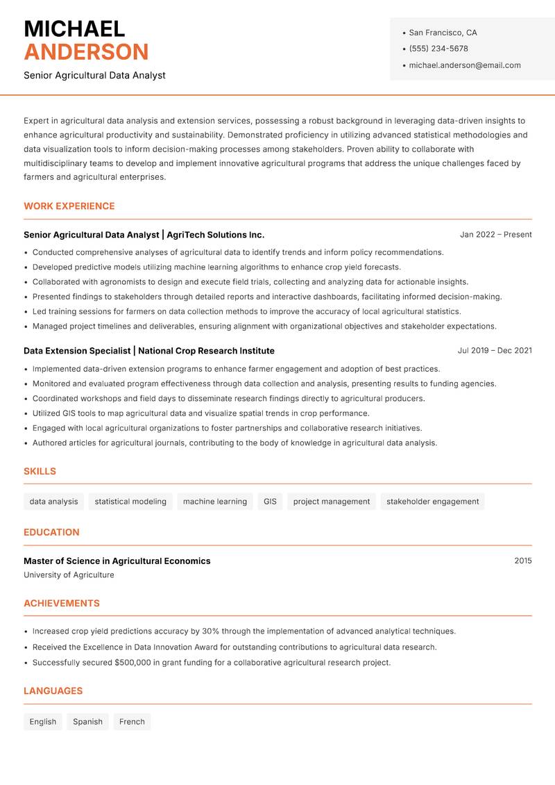 Agricultural Data Extension Analyst Resume Template