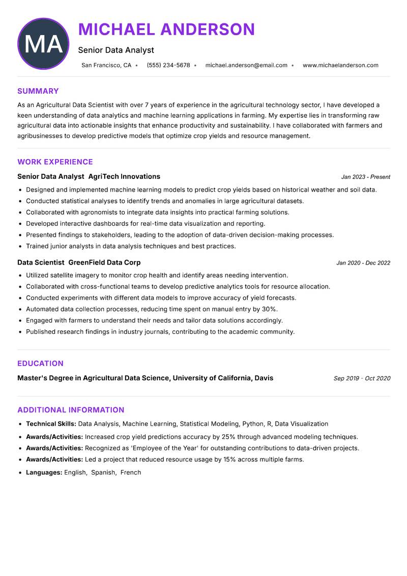 Agricultural Data Scientist Resume Preview Example