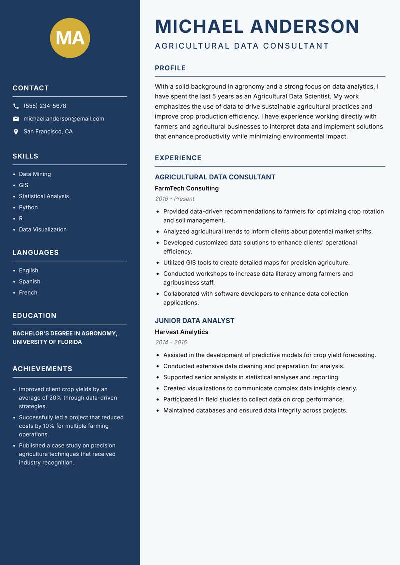 Agricultural Data Scientist Resume Preview Example