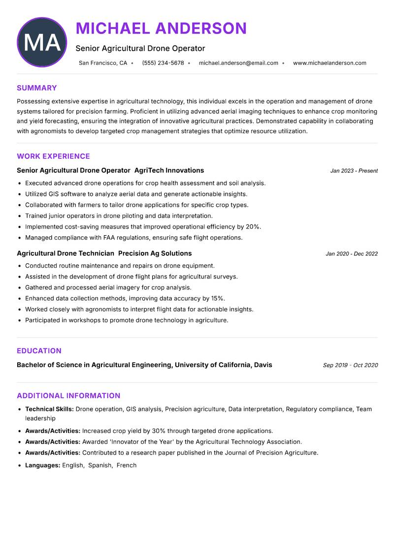 Agricultural Drone Operator Resume Preview Example