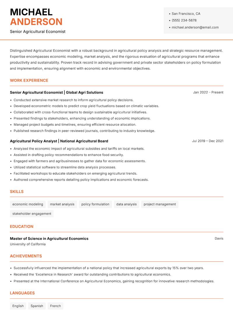 Agricultural Economist Resume Template