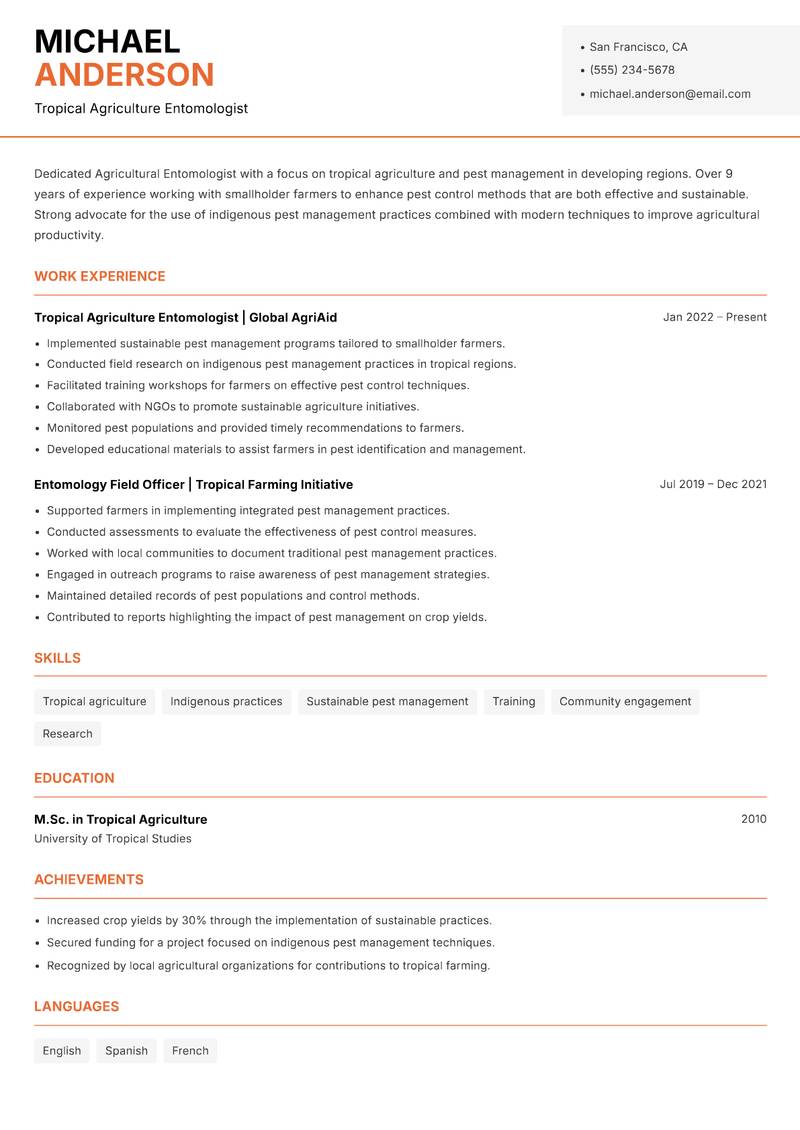 Agricultural Entomologist Resume Template