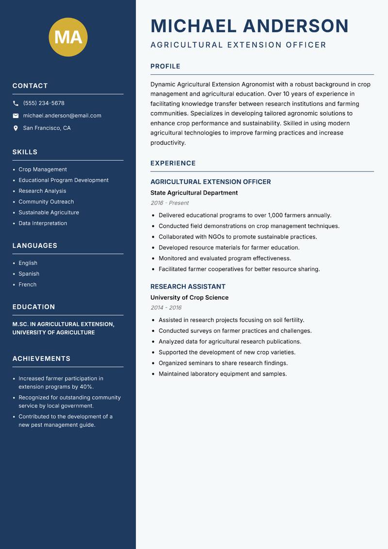 Agricultural Extension Agronomist Resume Preview Example