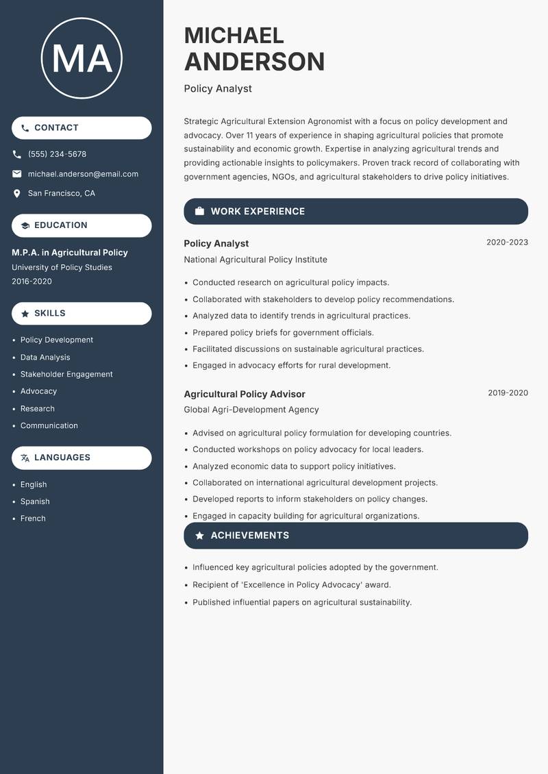 Agricultural Extension Agronomist Resume Preview Example
