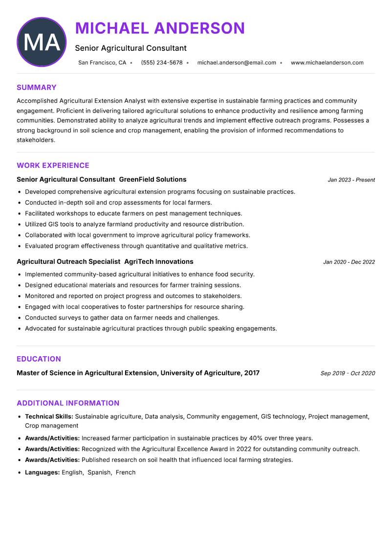 Agricultural Extension Analyst Resume Preview Example