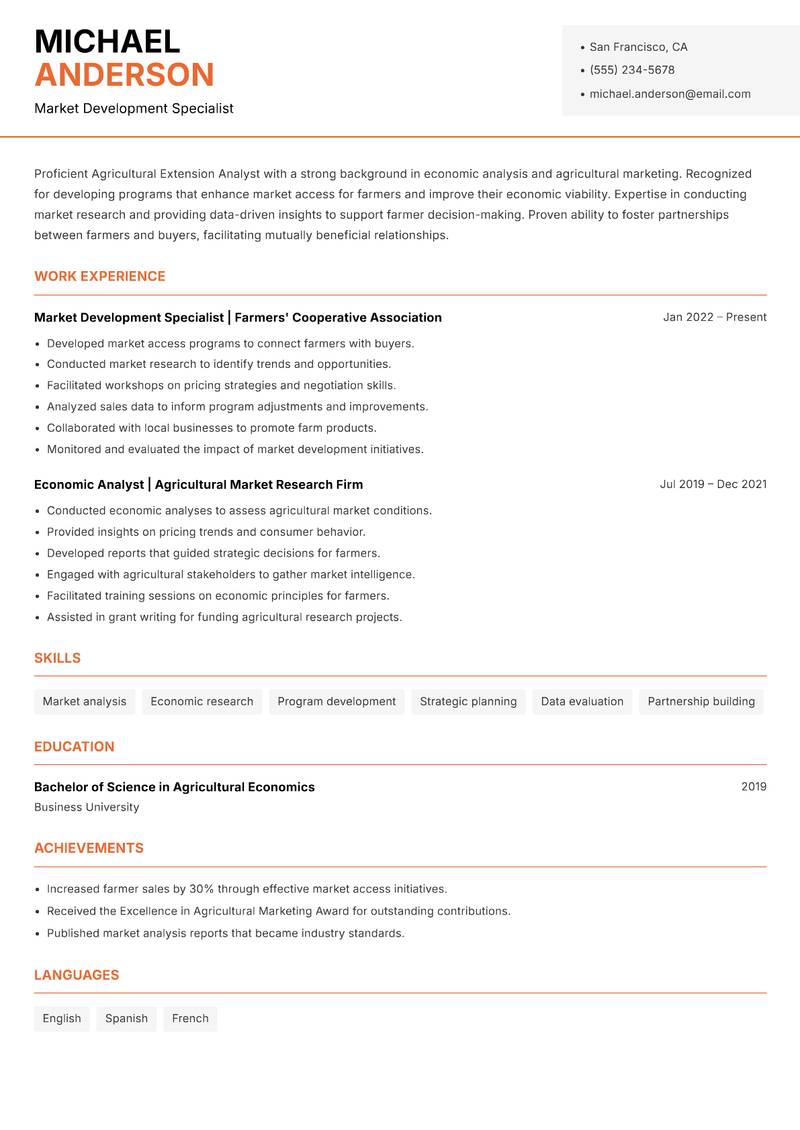 Agricultural Extension Analyst Resume Template
