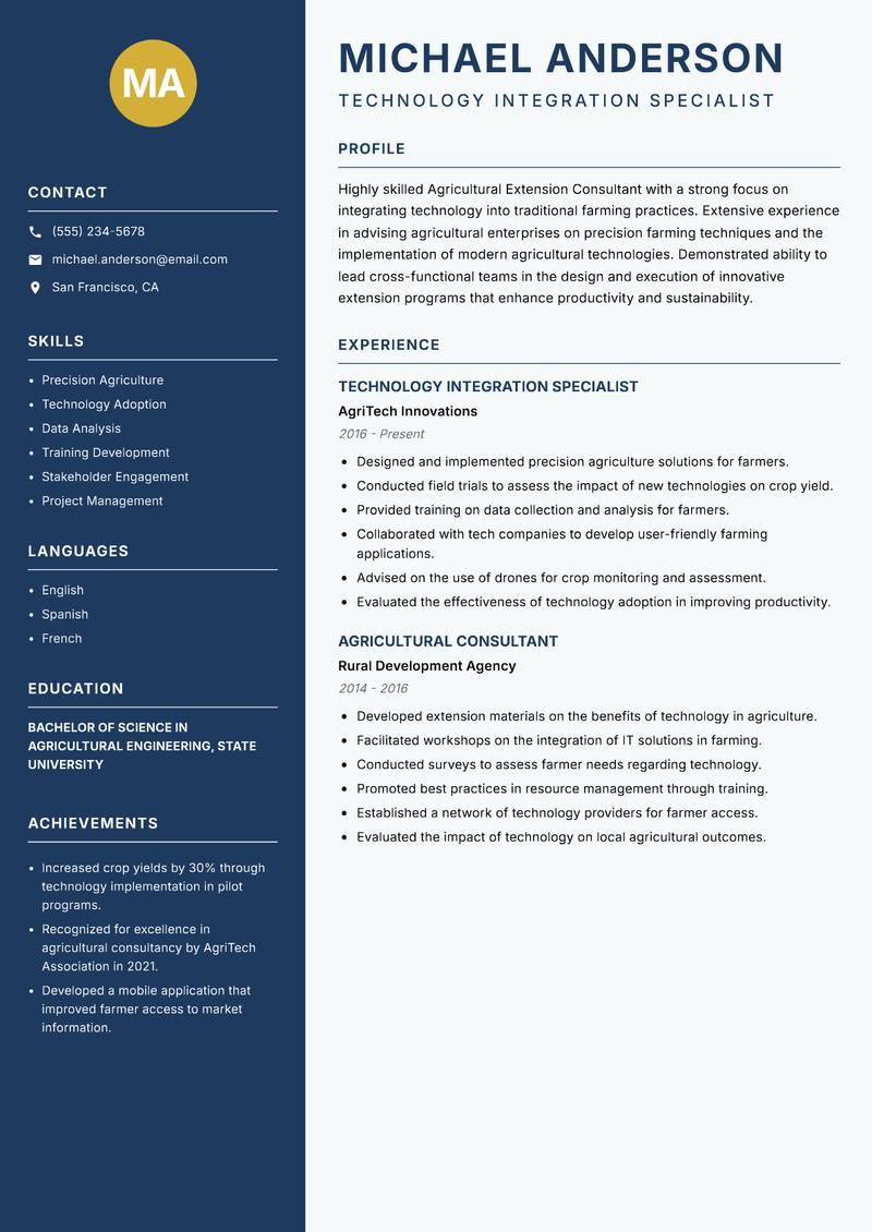 Agricultural Extension Consultant Resume Preview Example