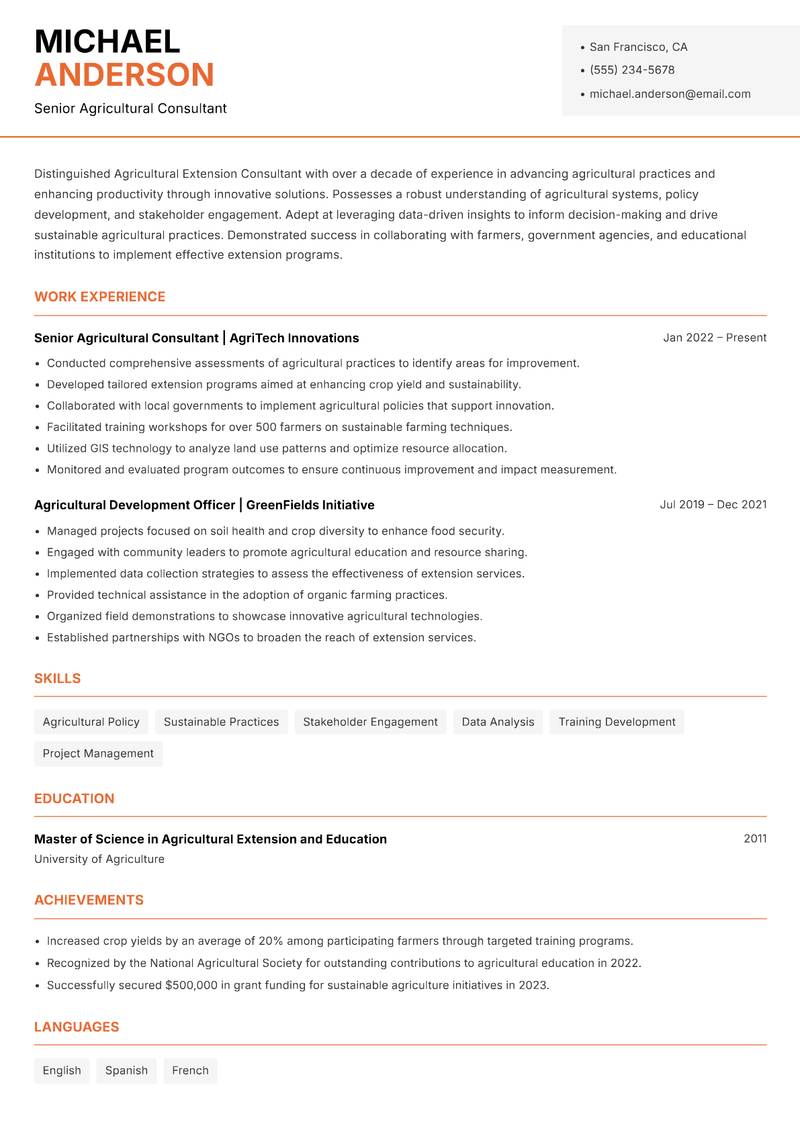 Agricultural Extension Consultant Resume Template