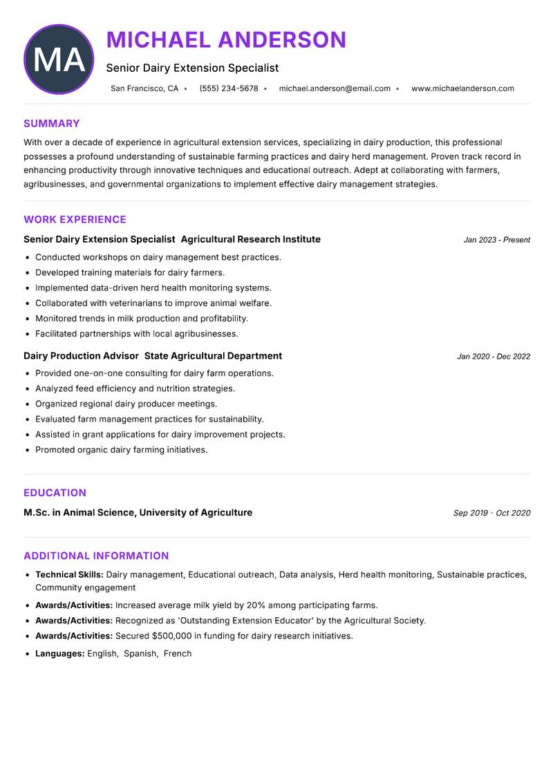 Agricultural Extension Dairy Officer Resume Preview Example