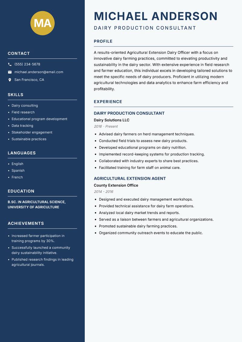 Agricultural Extension Dairy Officer Resume Preview Example