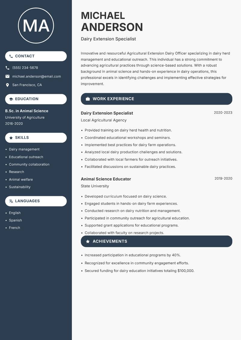 Agricultural Extension Dairy Officer Resume Preview Example