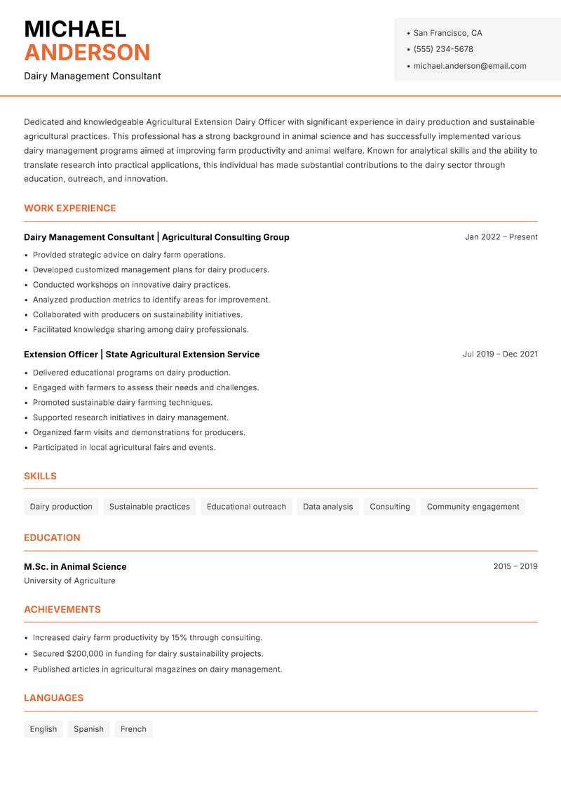Agricultural Extension Dairy Officer Resume Template