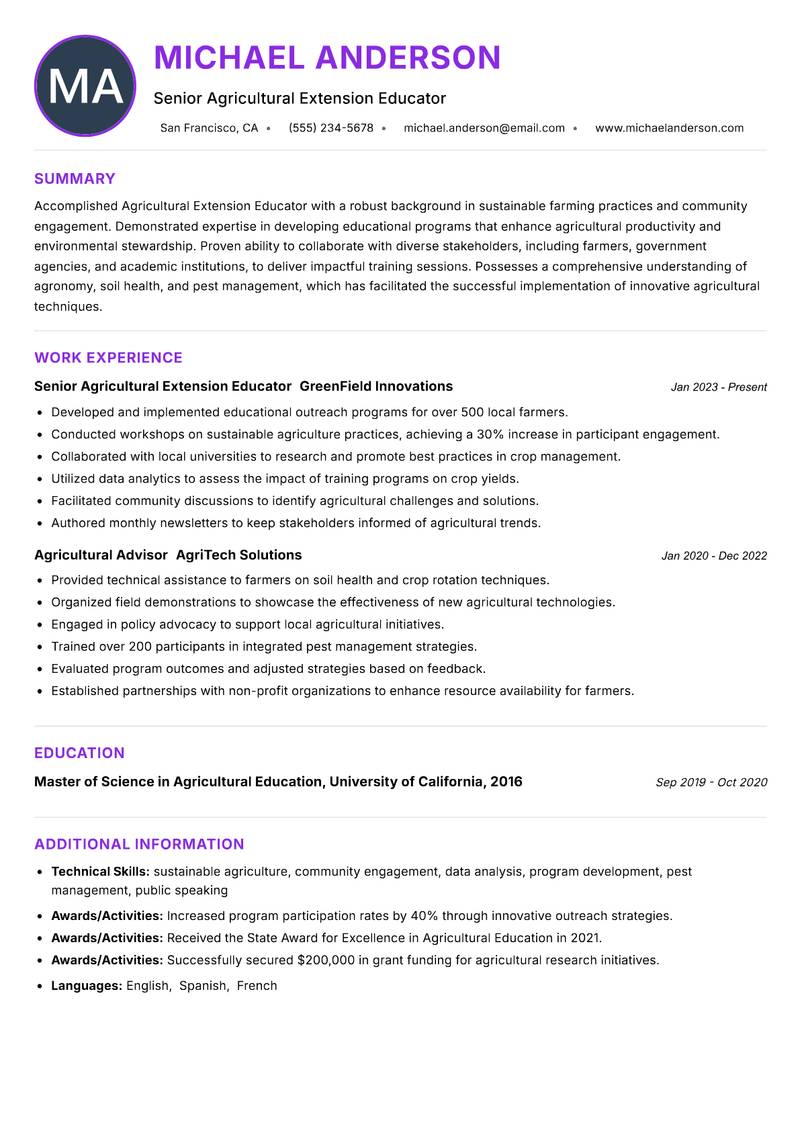Agricultural Extension Educator Resume Preview Example