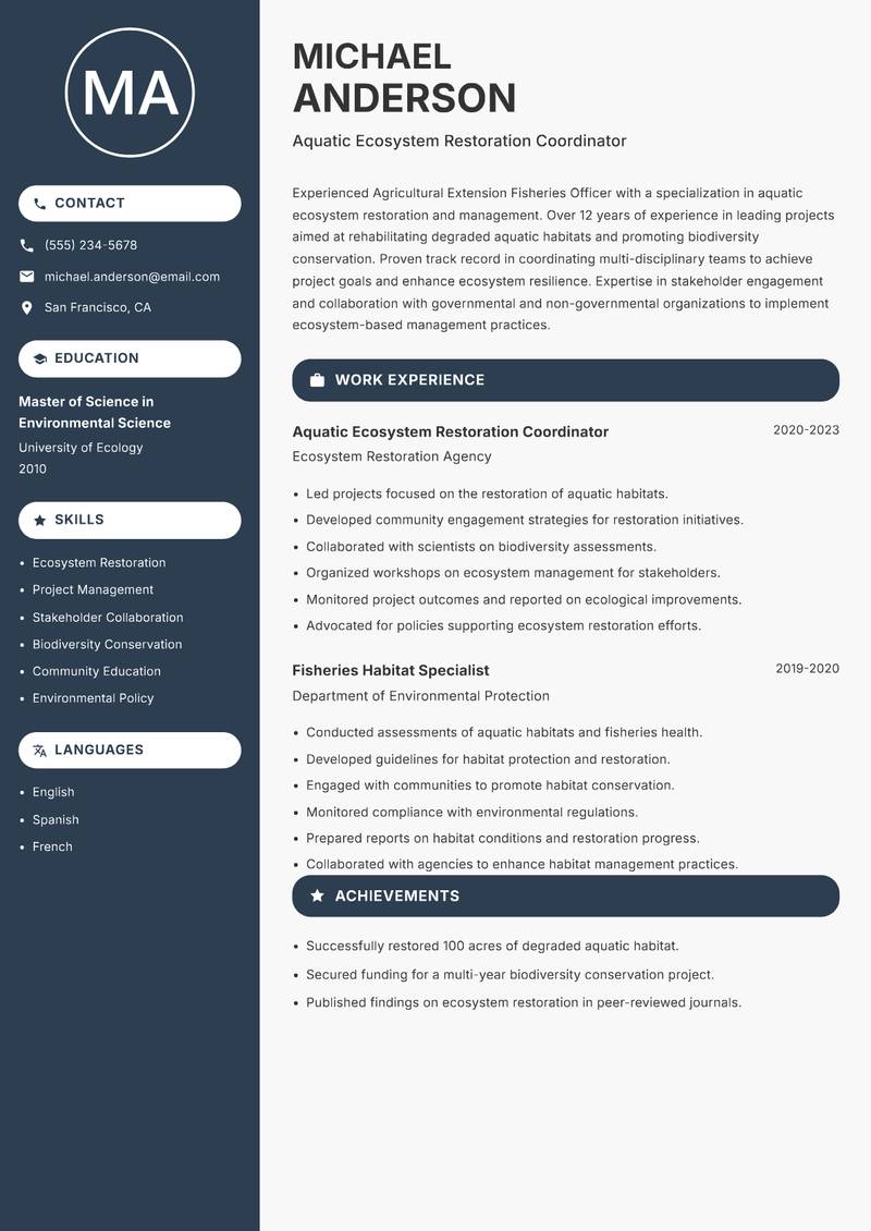 Agricultural Extension Fisheries Officer Resume Preview Example