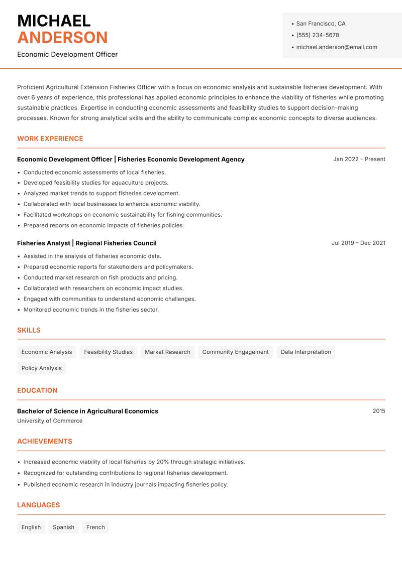 Agricultural Extension Fisheries Officer Resume Template