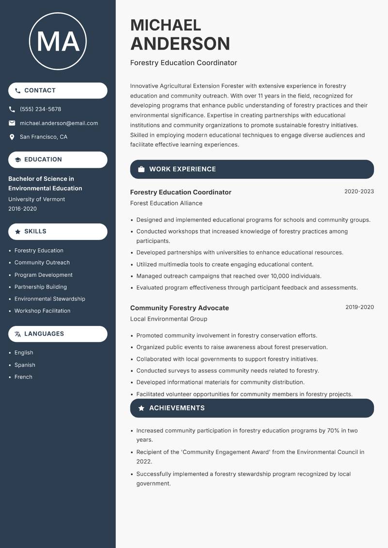 Agricultural Extension Forester Resume Preview Example