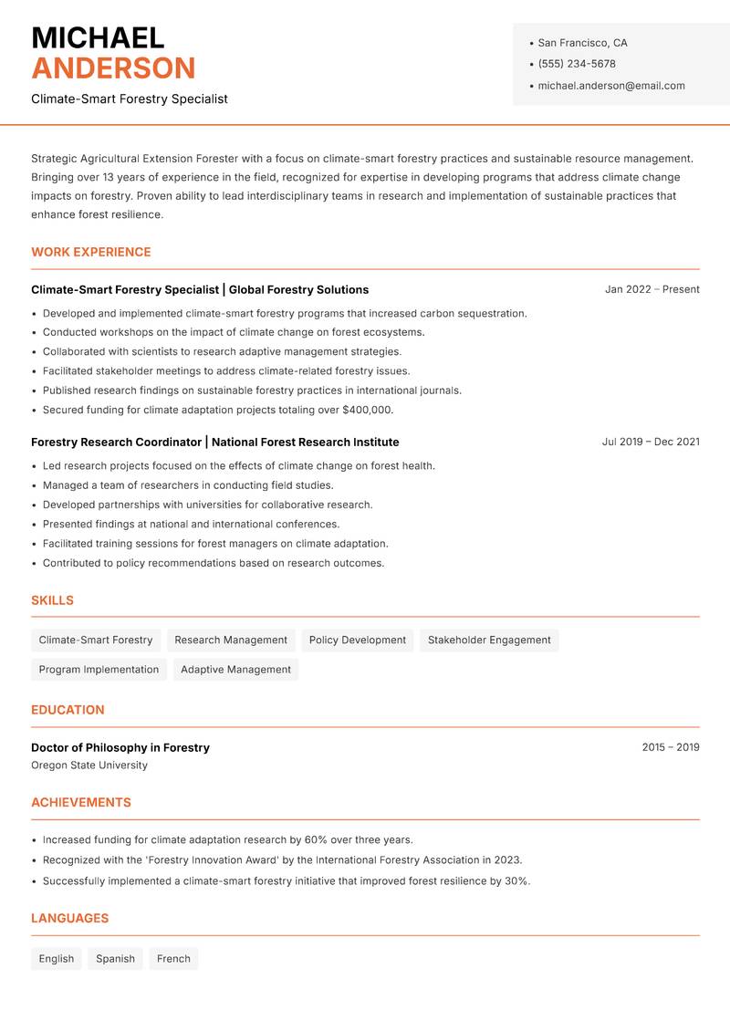 Agricultural Extension Forester Resume Template