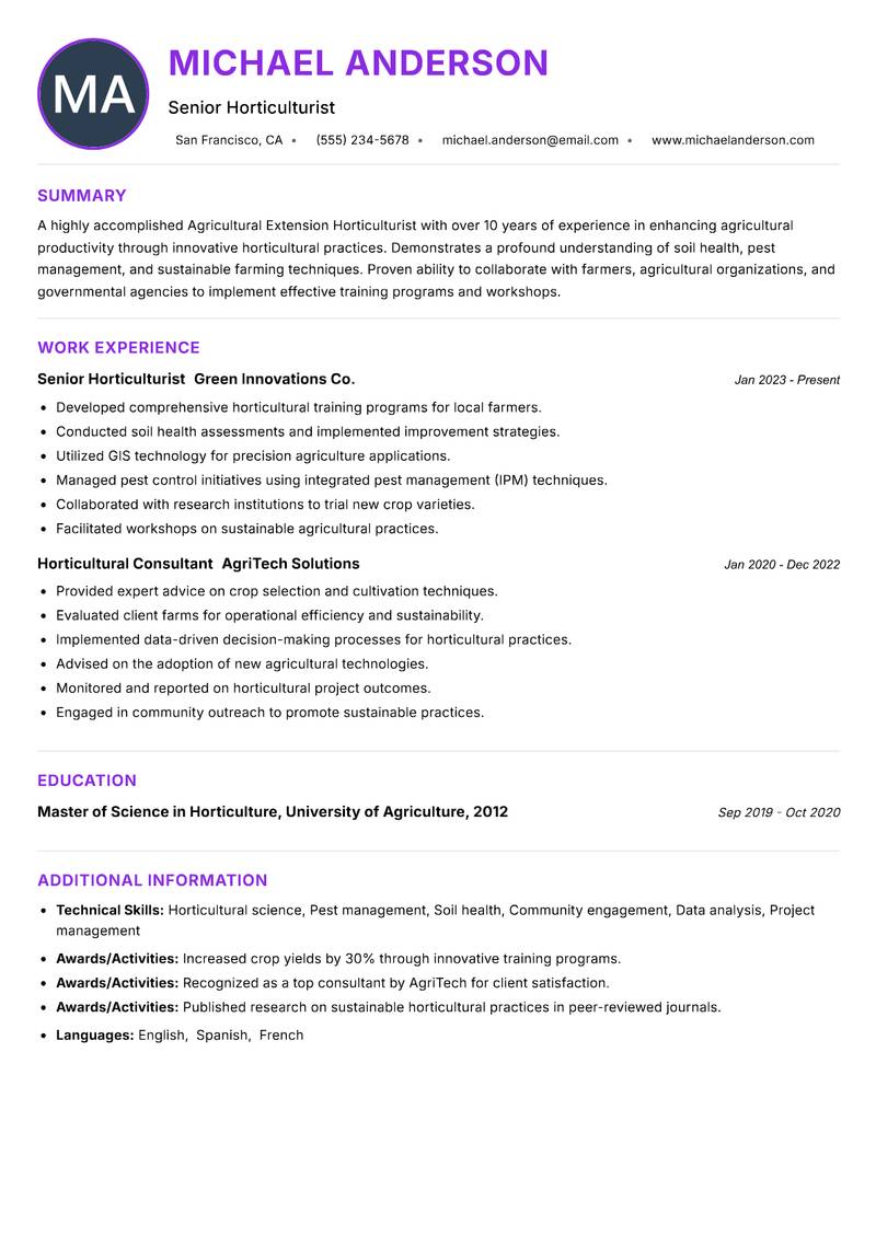 Agricultural Extension Horticulturist Resume Preview Example