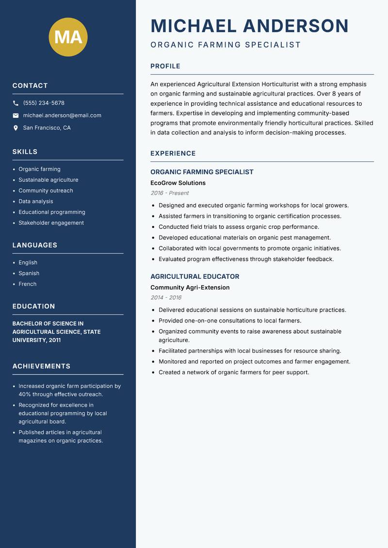 Agricultural Extension Horticulturist Resume Preview Example