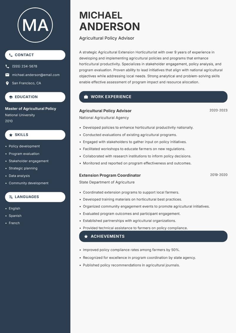 Agricultural Extension Horticulturist Resume Preview Example