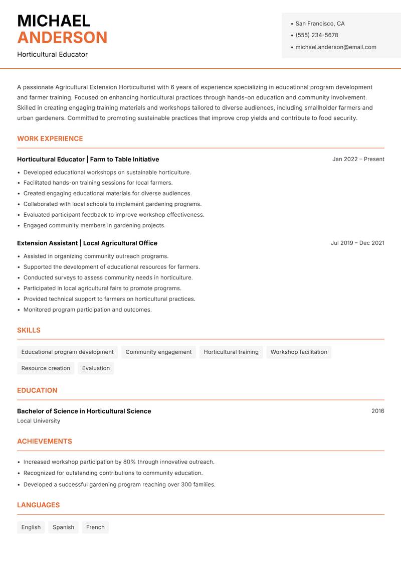 Agricultural Extension Horticulturist Resume Template
