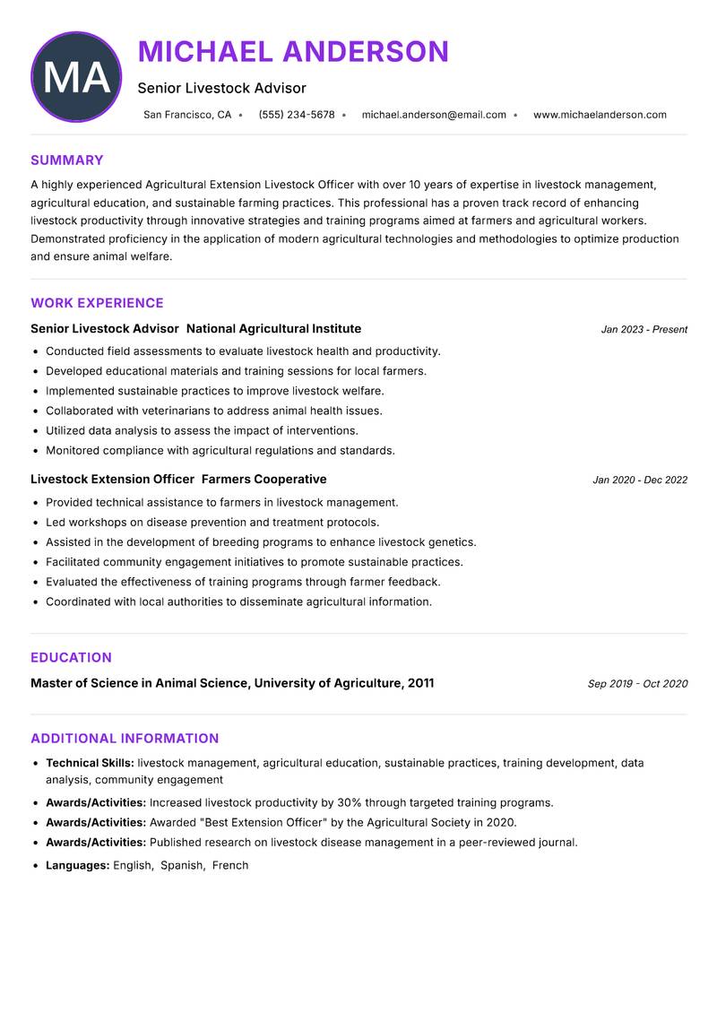 Agricultural Extension Livestock Officer Resume Preview Example