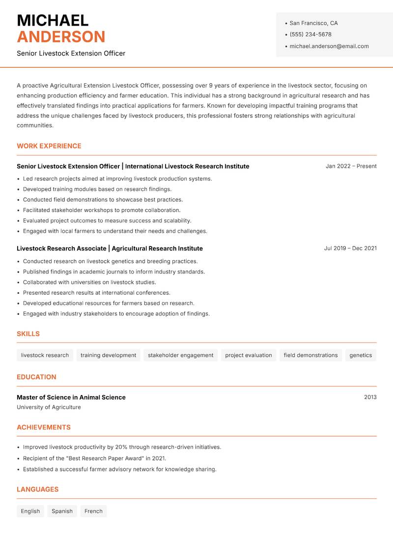 Agricultural Extension Livestock Officer Resume Template