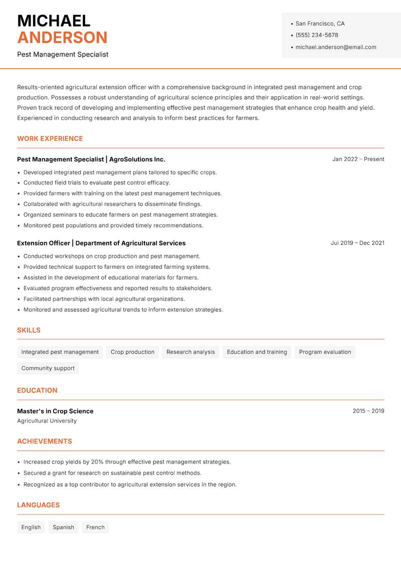 Agricultural Extension Officer Resume Template