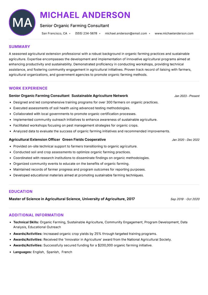 Agricultural Extension Organic Officer Resume Preview Example