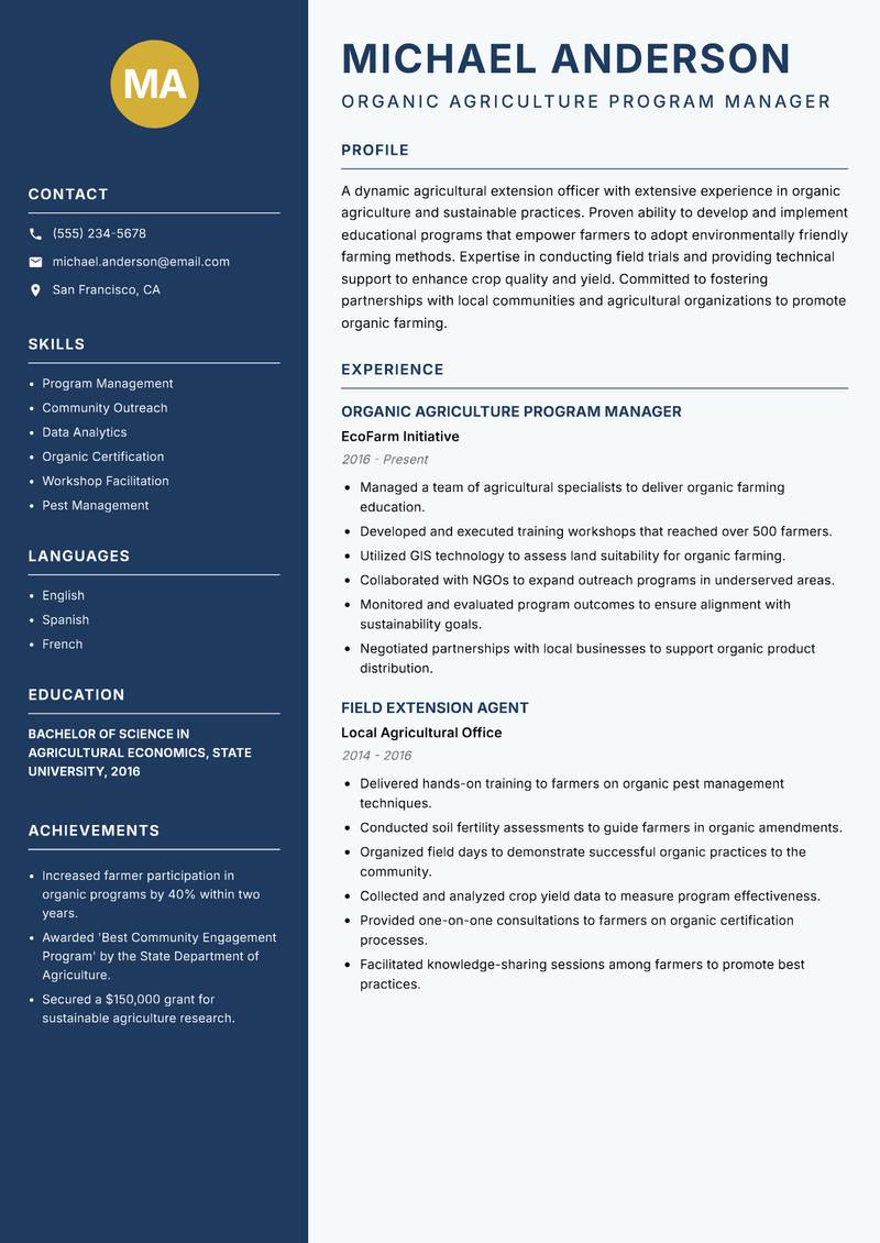 Agricultural Extension Organic Officer Resume Preview Example