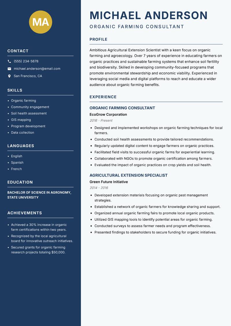Agricultural Extension Scientist Resume Preview Example