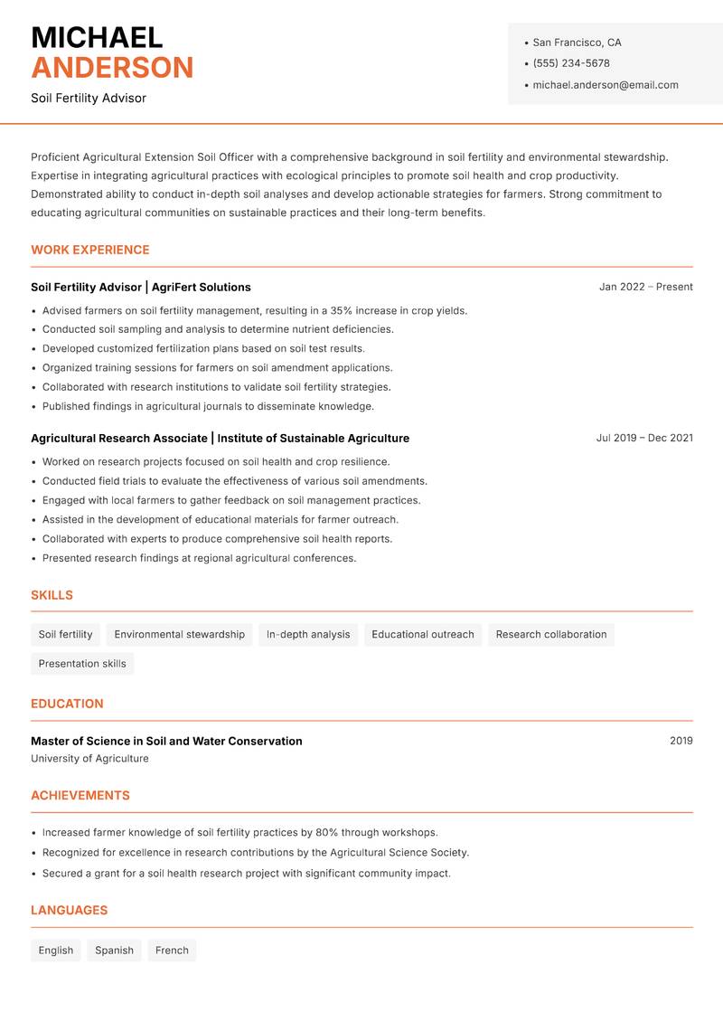 Agricultural Extension Soil Officer Resume Template