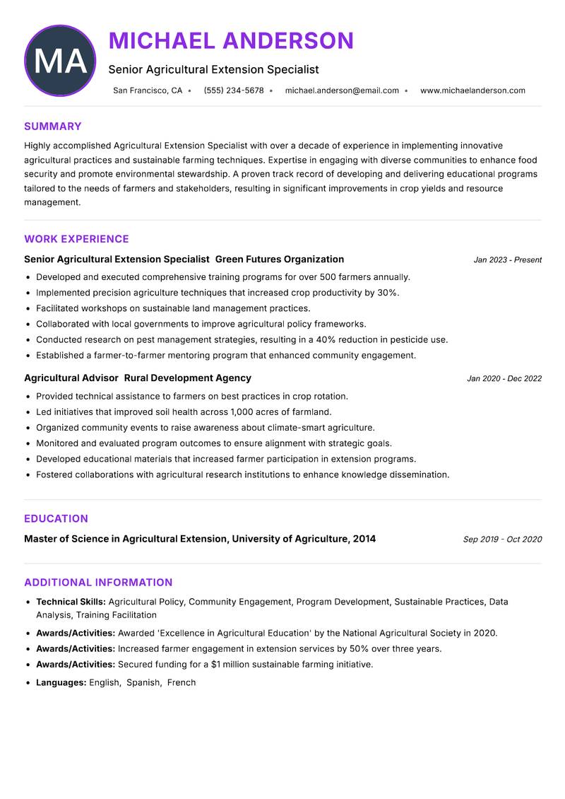 Agricultural Extension Specialist Resume Preview Example